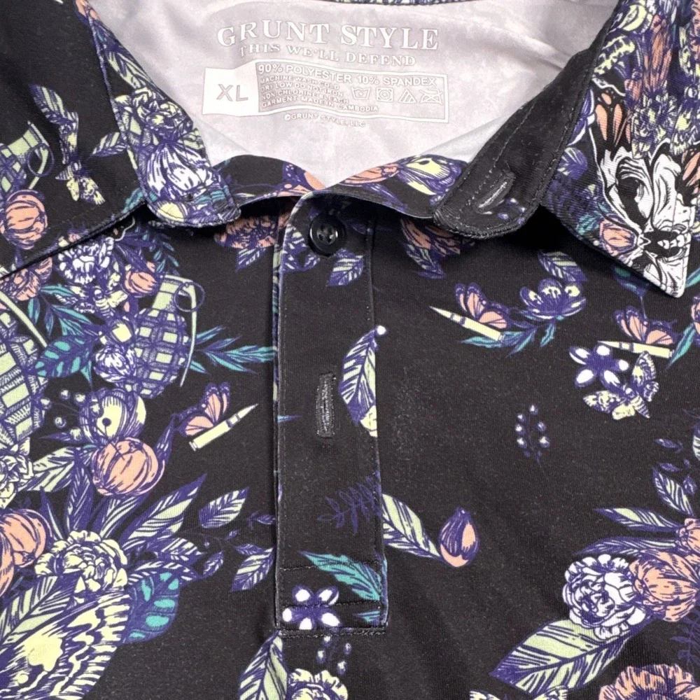 Grunt Style Men's XL Golf Polo Floral Skull Butterfly Performance Stretch Shirt
